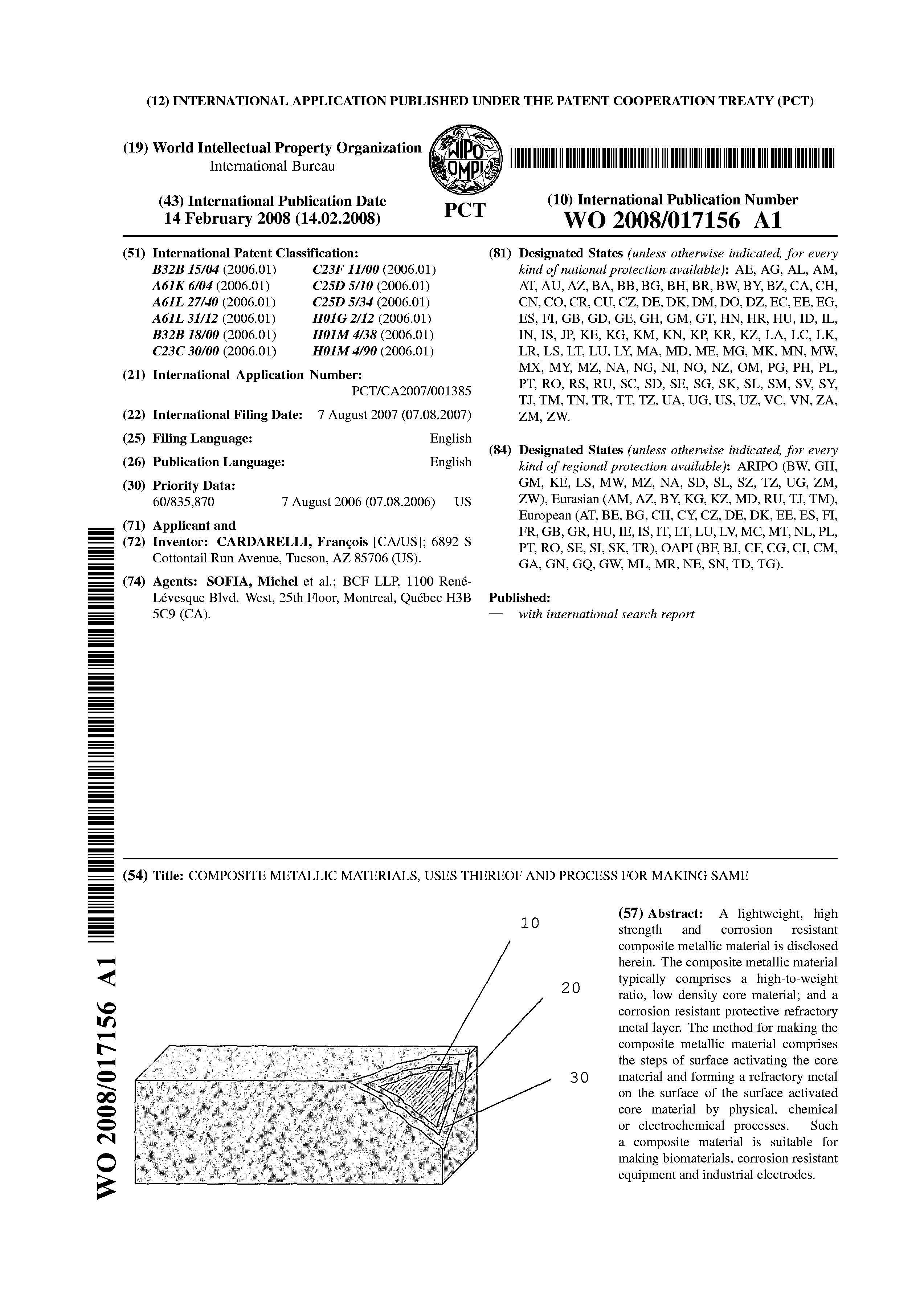 WO 2008/017156 A1- Electrochem Technologies & Materials Inc.